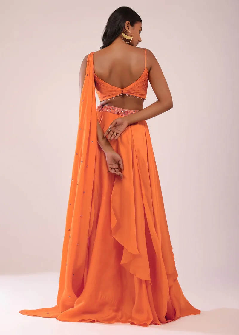 Orange Satin Organza Drape Lehenga And Blouse Set With Attached Pallu - Image 4