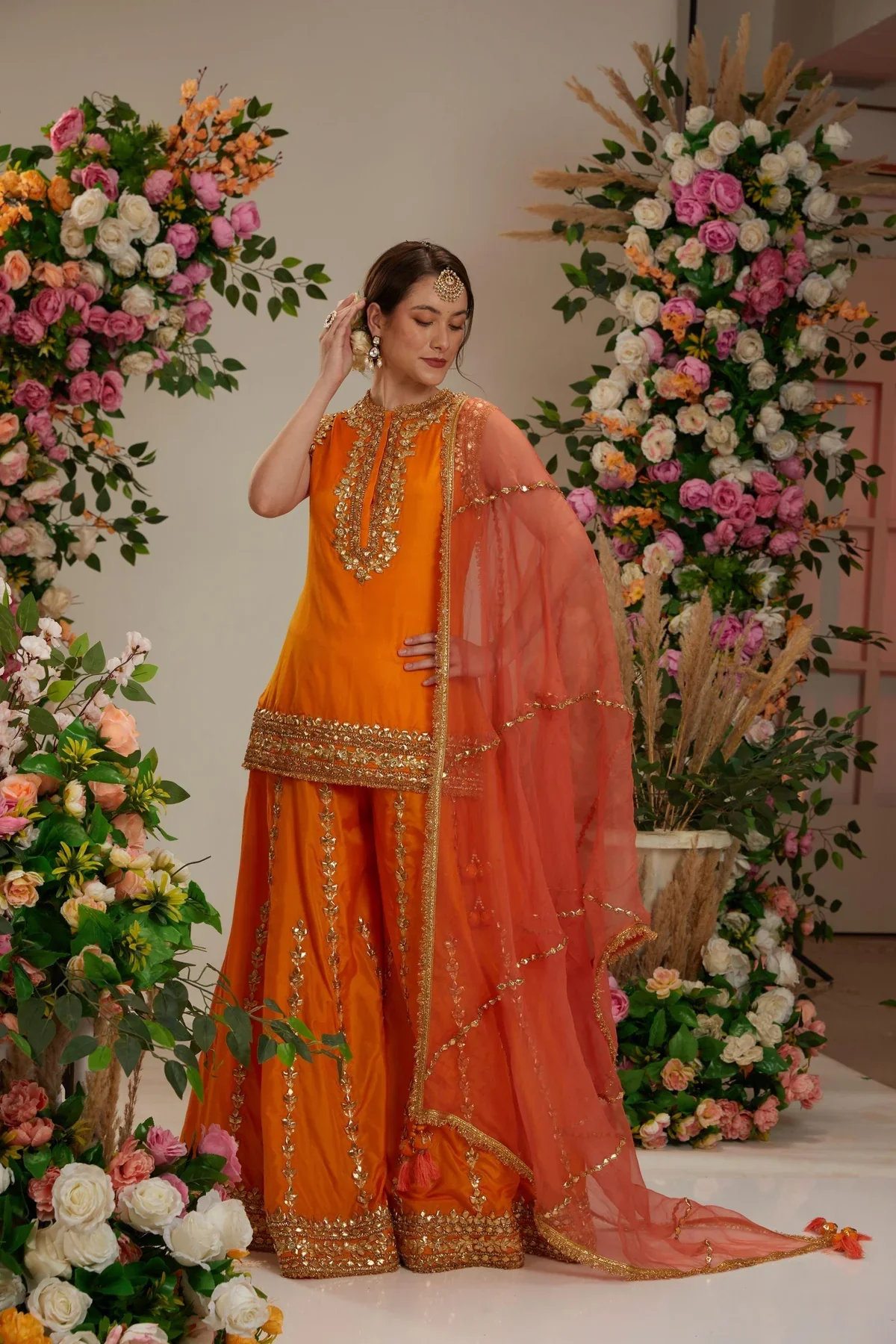 Orange Short Kurti with Sharara and Dupatta - Image 3