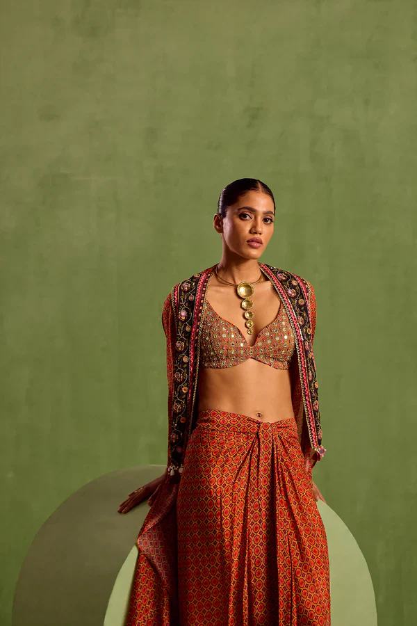 Orange Viscose Chinon Embellished Bead Cape Geometric Printed Draped Skirt Set - Image 3
