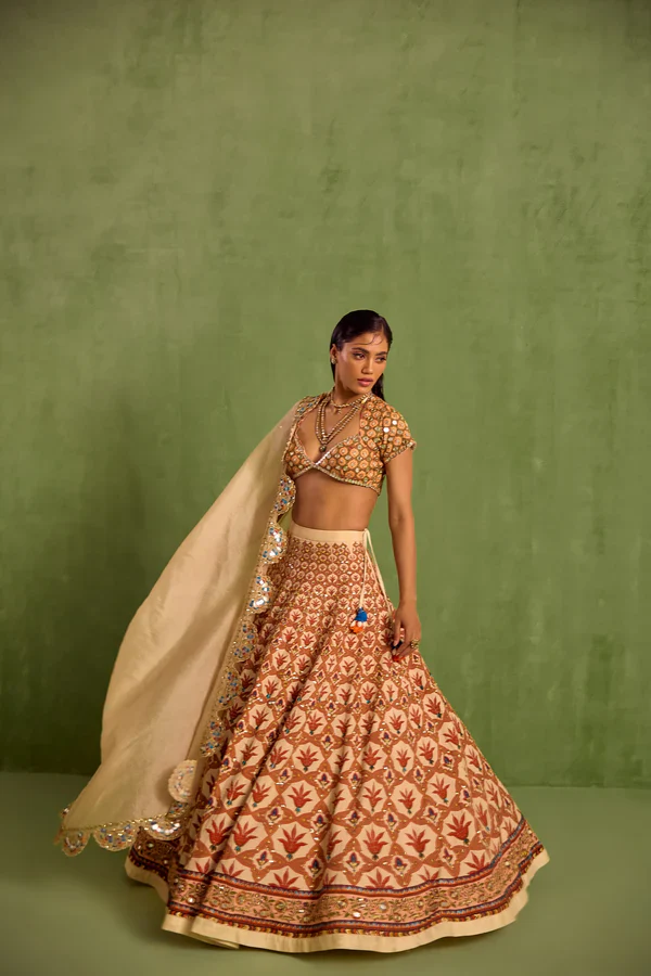 Orange Viscose Raw Silk Embellished Bead Floral Mughal Printed Lehenga Set - Image 2
