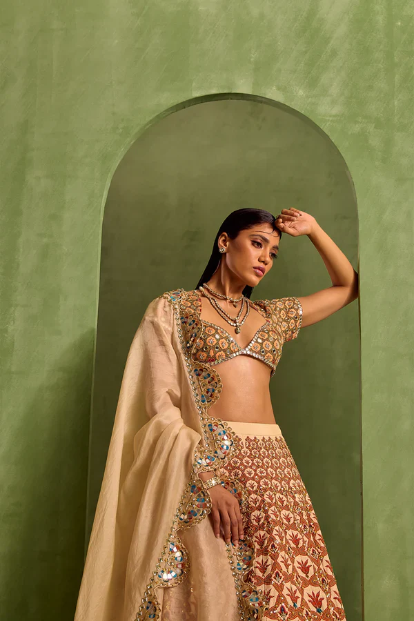 Orange Viscose Raw Silk Embellished Bead Floral Mughal Printed Lehenga Set - Image 3