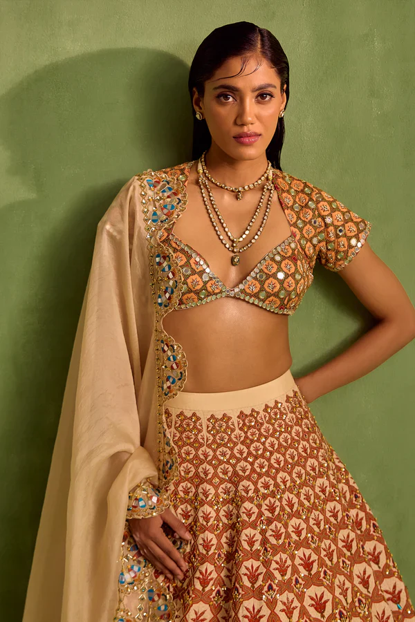 Orange Viscose Raw Silk Embellished Bead Floral Mughal Printed Lehenga Set - Image 4