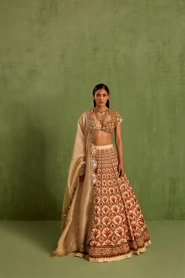 Orange Viscose Raw Silk Embellished Bead Floral Mughal Printed Lehenga Set - Image 5