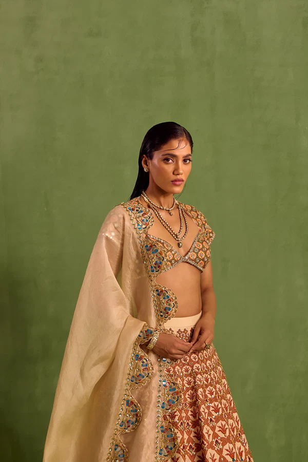 Orange Viscose Raw Silk Embellished Bead Floral Mughal Printed Lehenga Set - Image 6