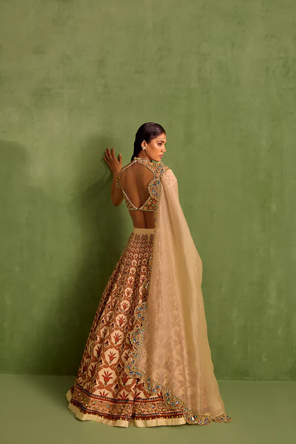 Orange Viscose Raw Silk Embellished Bead Floral Mughal Printed Lehenga Set - Image 7