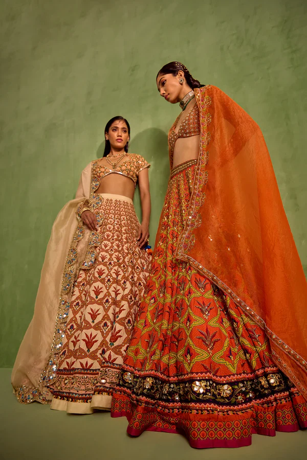 Orange Viscose Raw Silk Embellished Bead Floral Mughal Printed Lehenga Set - Image 8