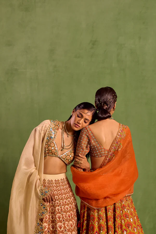 Orange Viscose Raw Silk Embellished Bead Floral Mughal Printed Lehenga Set - Image 9