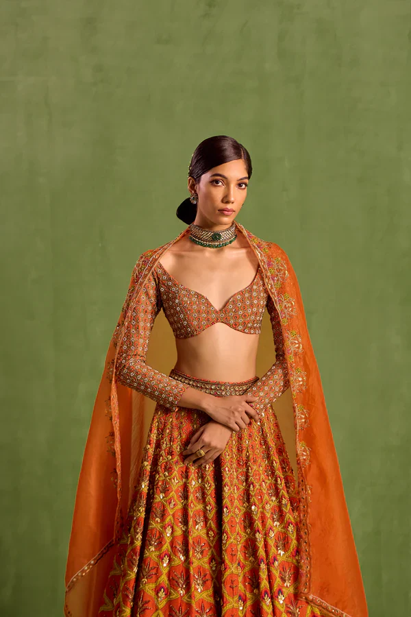 Orange Viscose Raw Silk Embellished Floral Geometric Mughal Printed Lehenga Set - Image 3