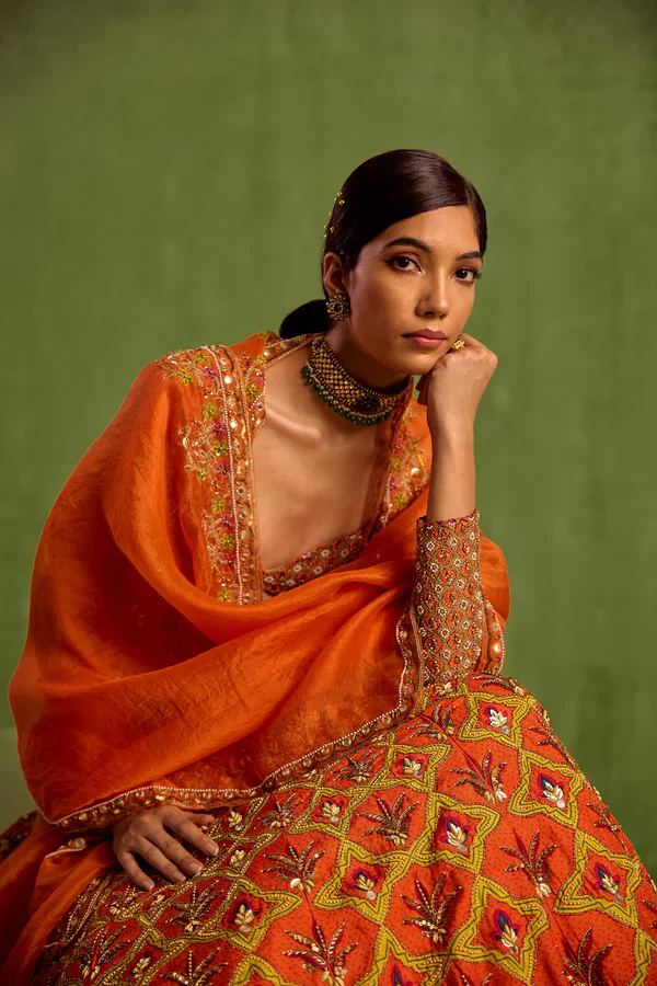 Orange Viscose Raw Silk Embellished Floral Geometric Mughal Printed Lehenga Set - Image 4