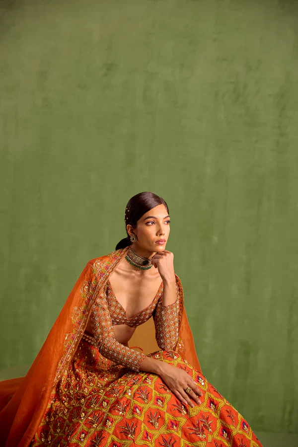 Orange Viscose Raw Silk Embellished Floral Geometric Mughal Printed Lehenga Set - Image 5