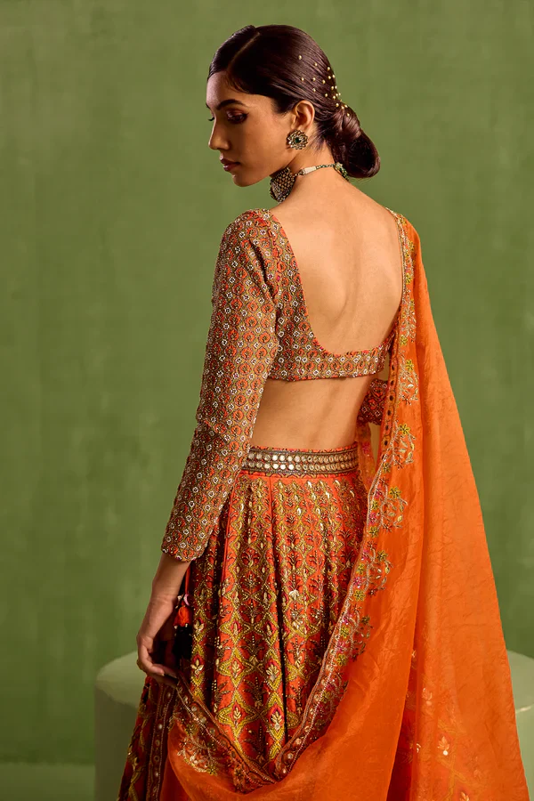 Orange Viscose Raw Silk Embellished Floral Geometric Mughal Printed Lehenga Set - Image 7