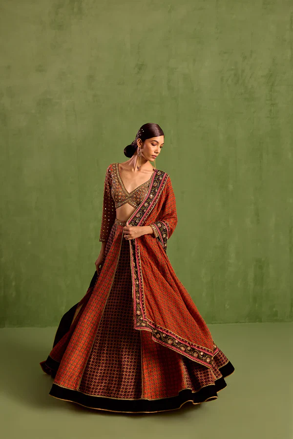 Orange Viscose Raw Silk Floral Geometric Printed Panelled Lehenga Set - Image 2