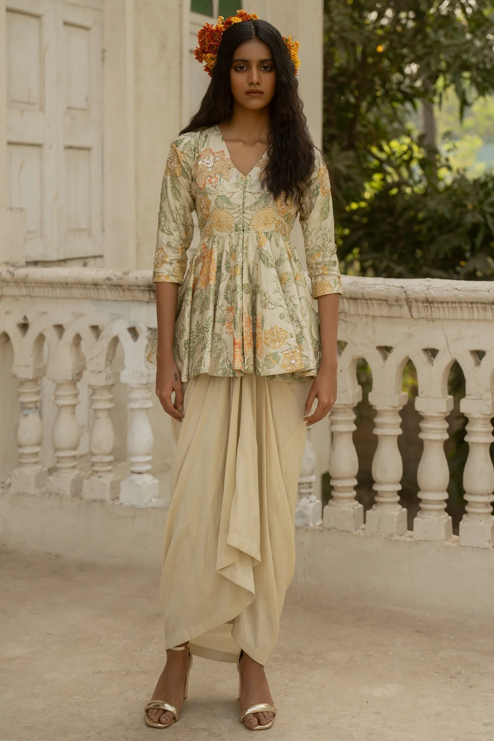 P&H Signature Printed Peplum With a Pre-Draped Skirt