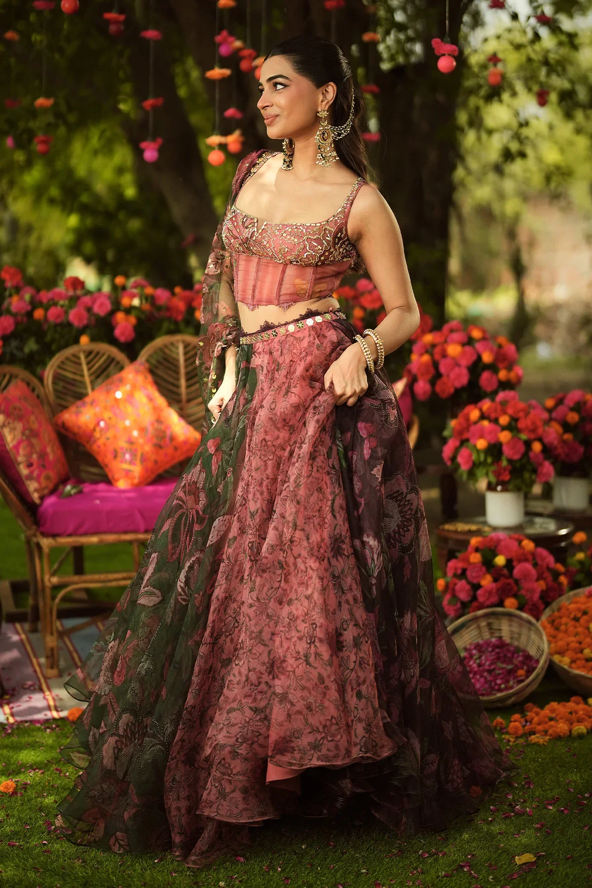 PALAK - Hand Embroidered Corset Top Dupatta Lace Detailing Lehenga - Image 3