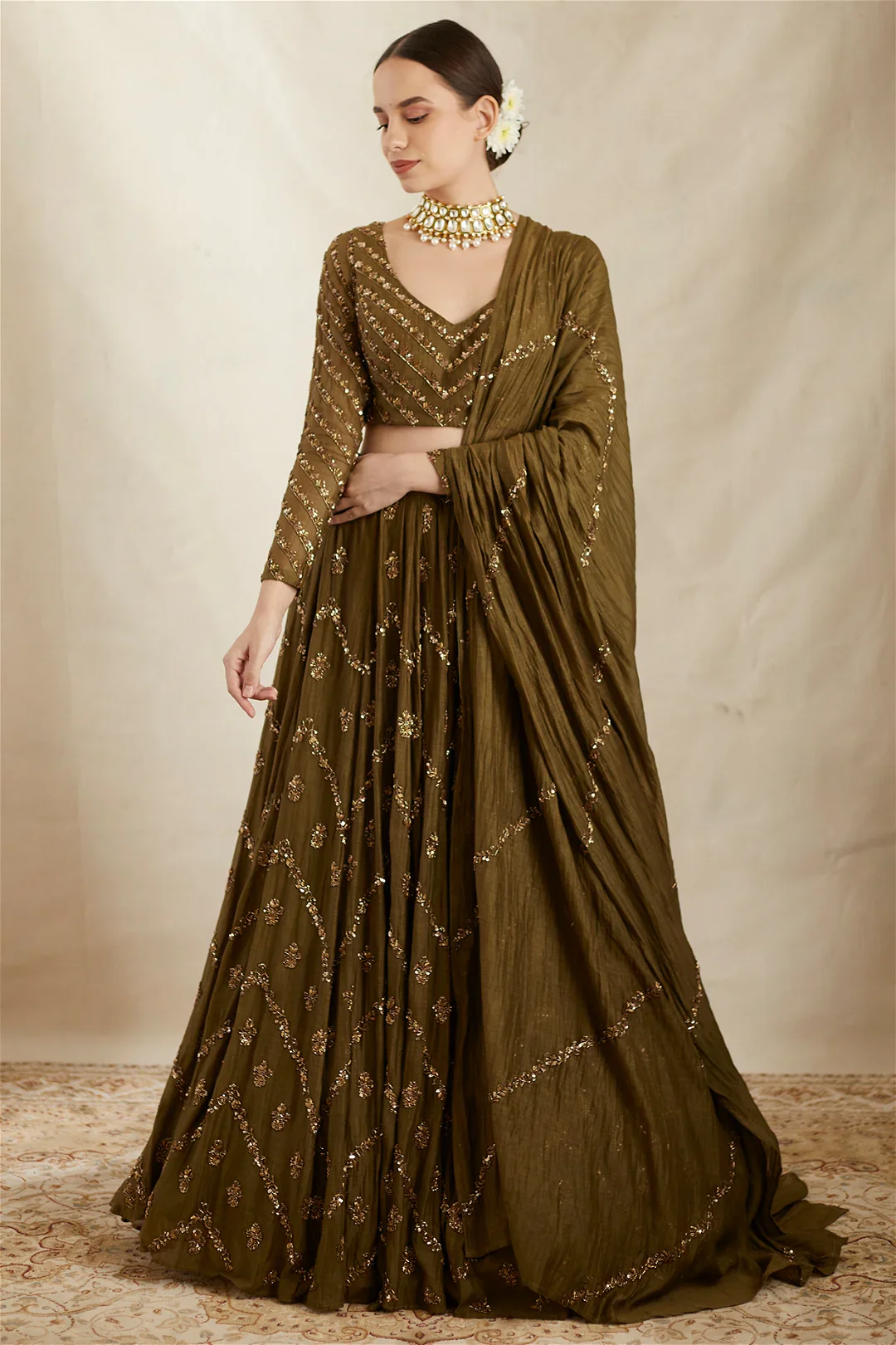 Parrot Green Chanderi Lehenga Set