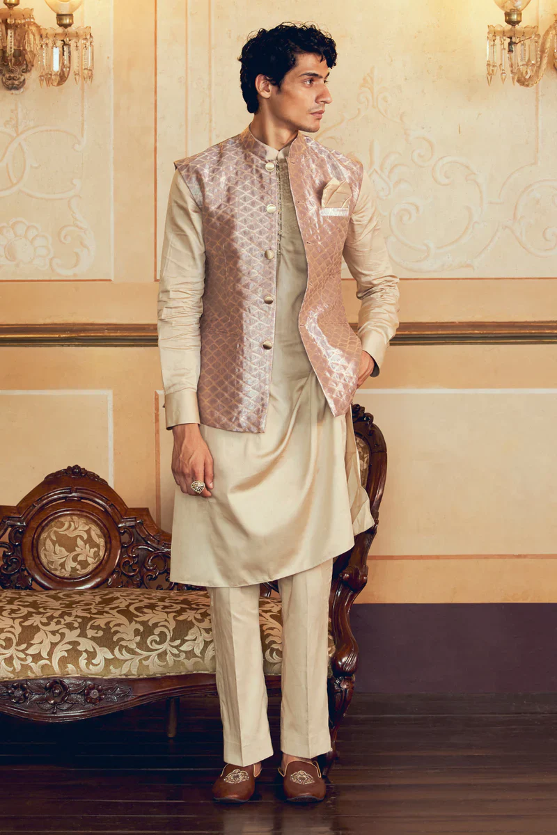 Pastel Purple Checkered Jacquard Banarasi Men's Jacket Set - Image 3
