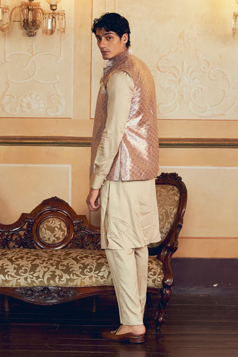 Pastel Purple Checkered Jacquard Banarasi Men's Jacket Set - Image 4