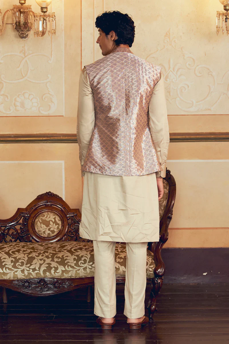 Pastel Purple Checkered Jacquard Banarasi Men's Jacket Set - Image 5