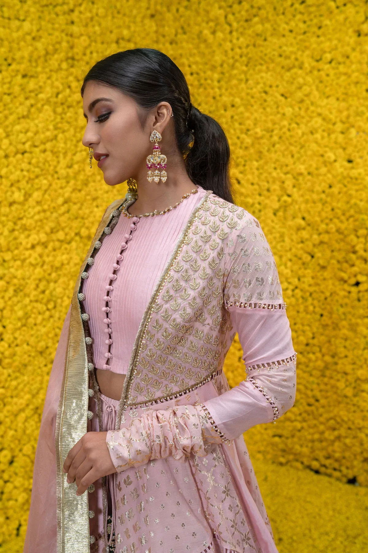 Peach Abaya Banarasi Chanderi Jacket Lehenga Set - Image 3
