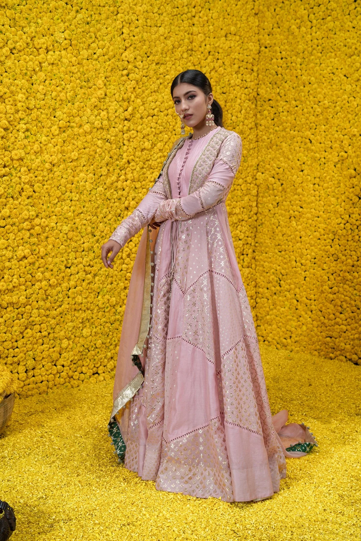Peach Abaya Banarasi Chanderi Jacket Lehenga Set - Image 4
