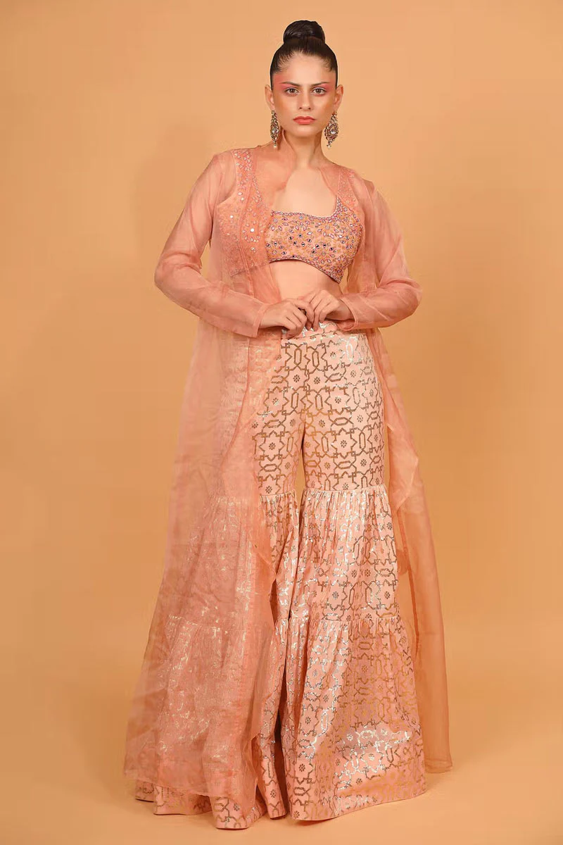 Peach Cotton Shantoon Banarasi Chanderi Sharara Set With Cape - Image 3