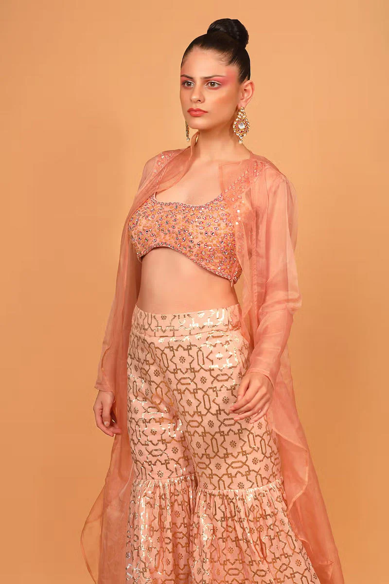 Peach Cotton Shantoon Banarasi Chanderi Sharara Set With Cape - Image 4