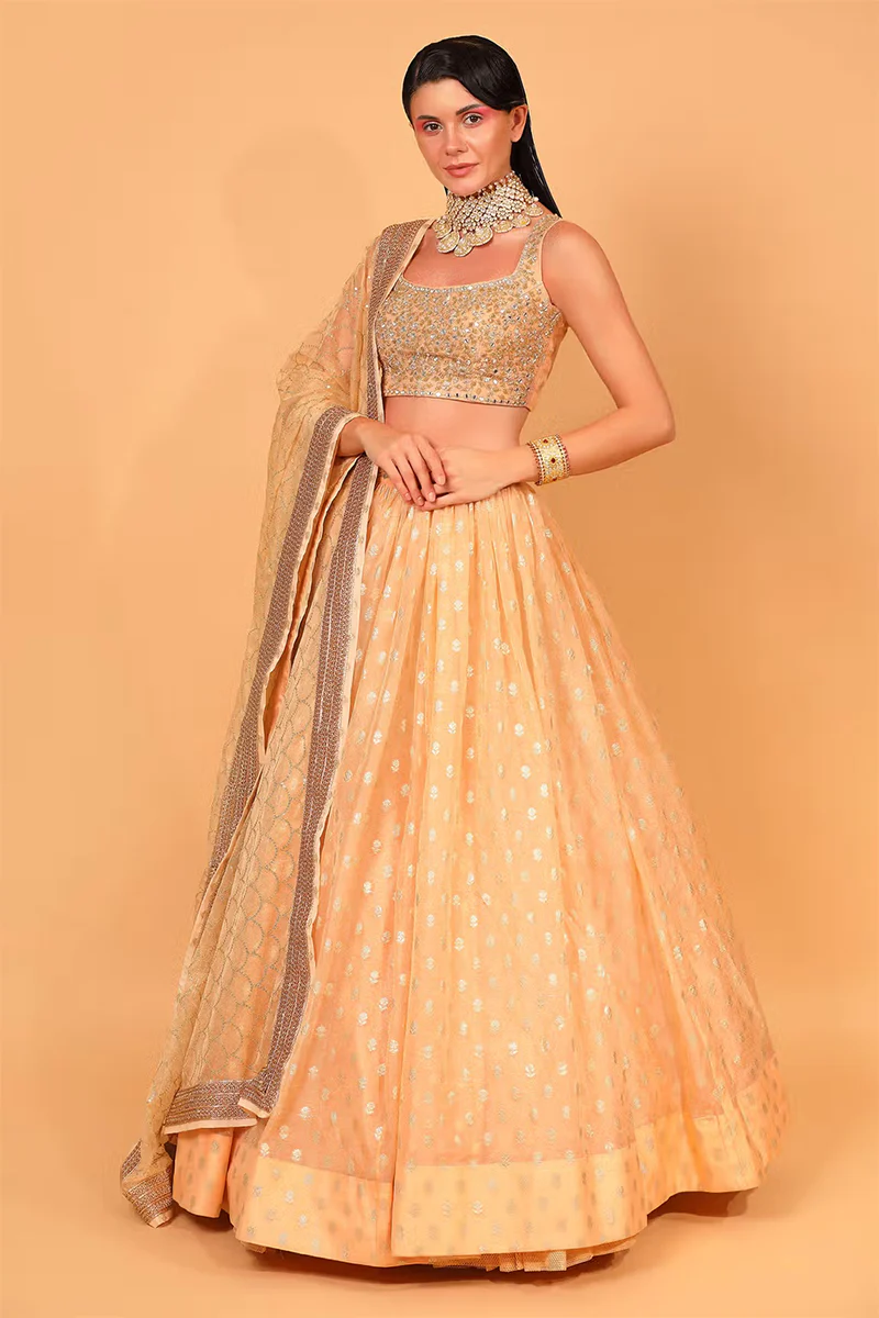 Peach Cotton Shantoon Banarasi Organza Lehenga Set - Image 4