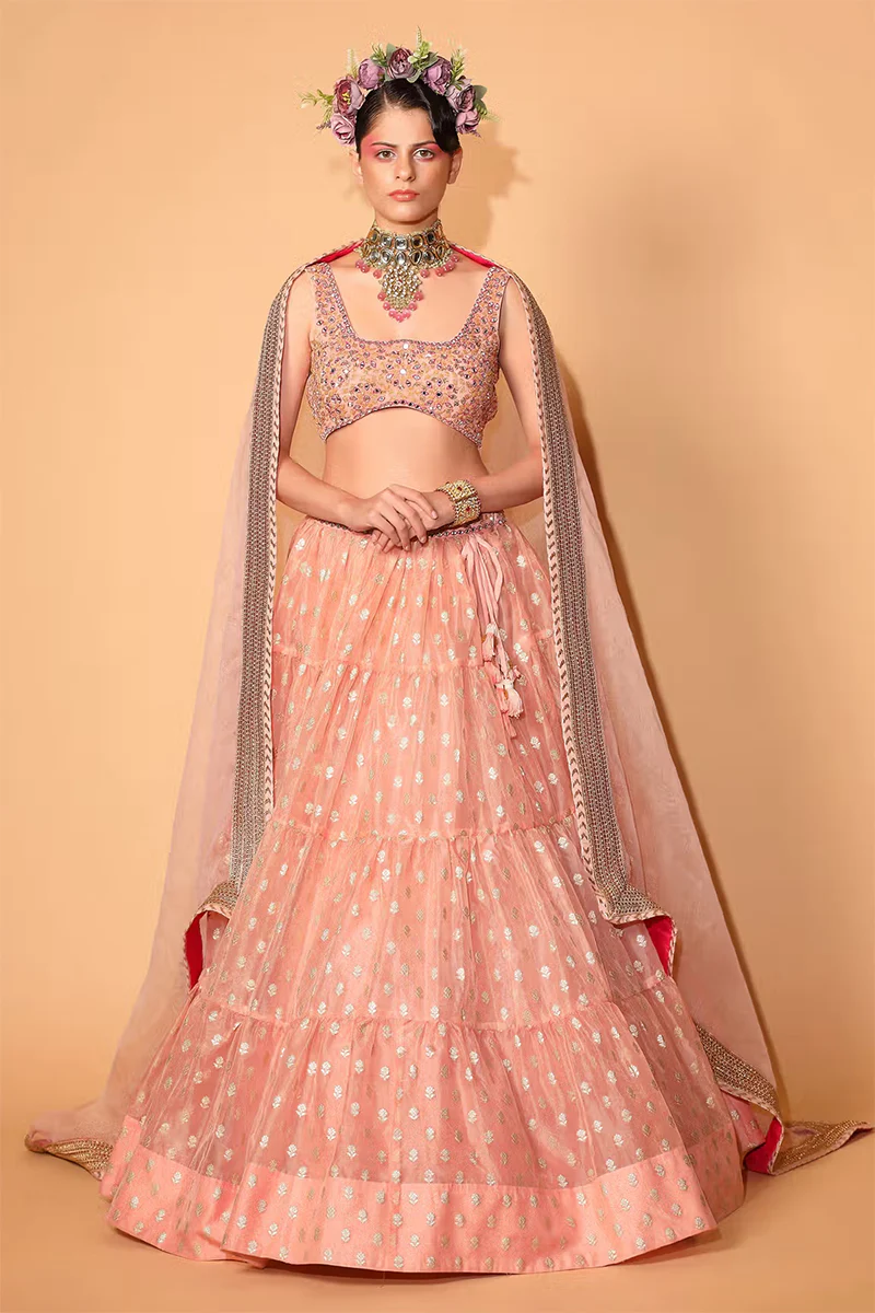 Peach Cotton Shantoon Banarasi Organza Tiered Lehenga Set