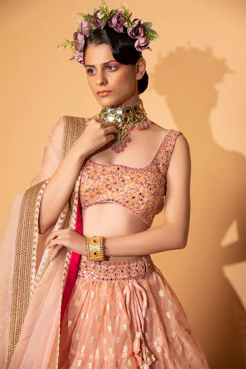 Peach Cotton Shantoon Banarasi Organza Tiered Lehenga Set - Image 2