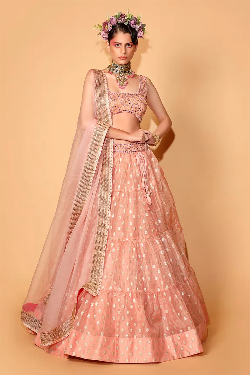 Peach Cotton Shantoon Banarasi Organza Tiered Lehenga Set - Image 3