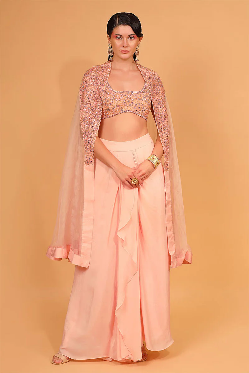 Peach Cotton Shantoon Embroidered Cape With Dhoti Pant Set