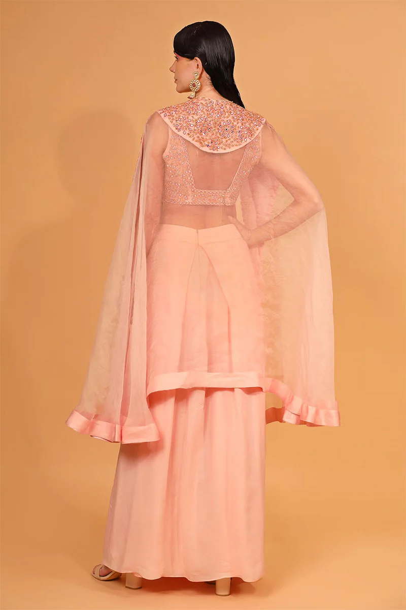Peach Cotton Shantoon Embroidered Cape With Dhoti Pant Set - Image 2