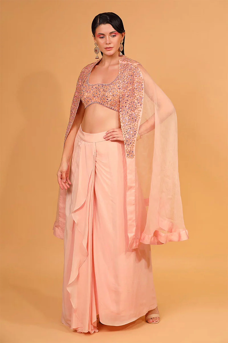 Peach Cotton Shantoon Embroidered Cape With Dhoti Pant Set - Image 3