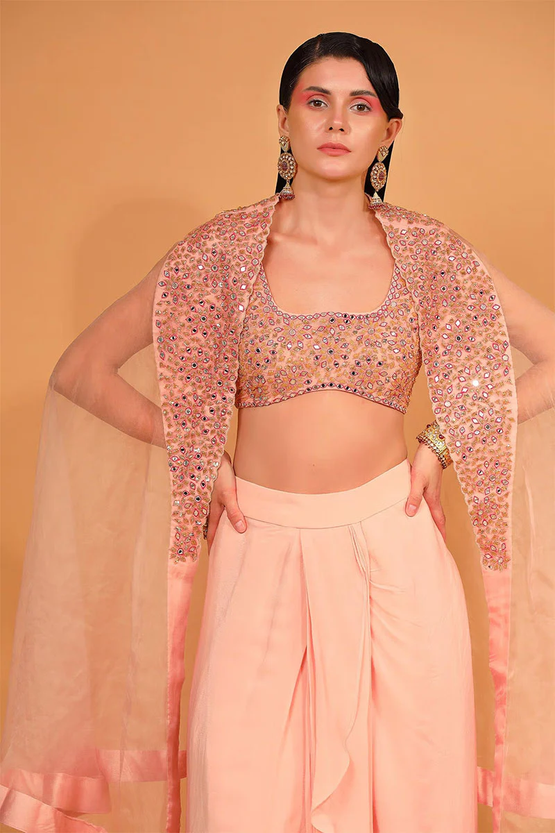 Peach Cotton Shantoon Embroidered Cape With Dhoti Pant Set - Image 4