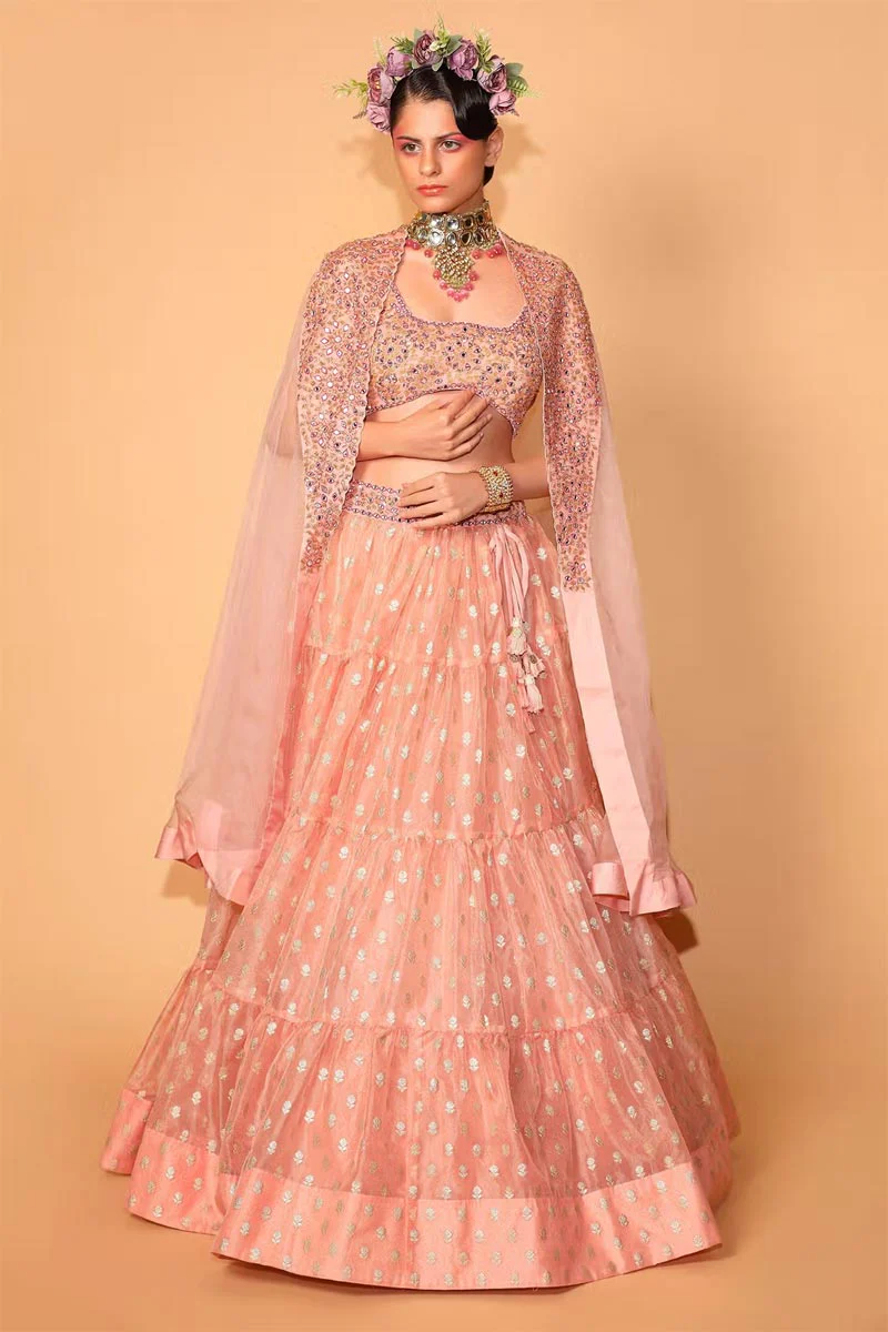 Peach Cotton Shantoon Tiered Lehenga Set With Embroidered Cape