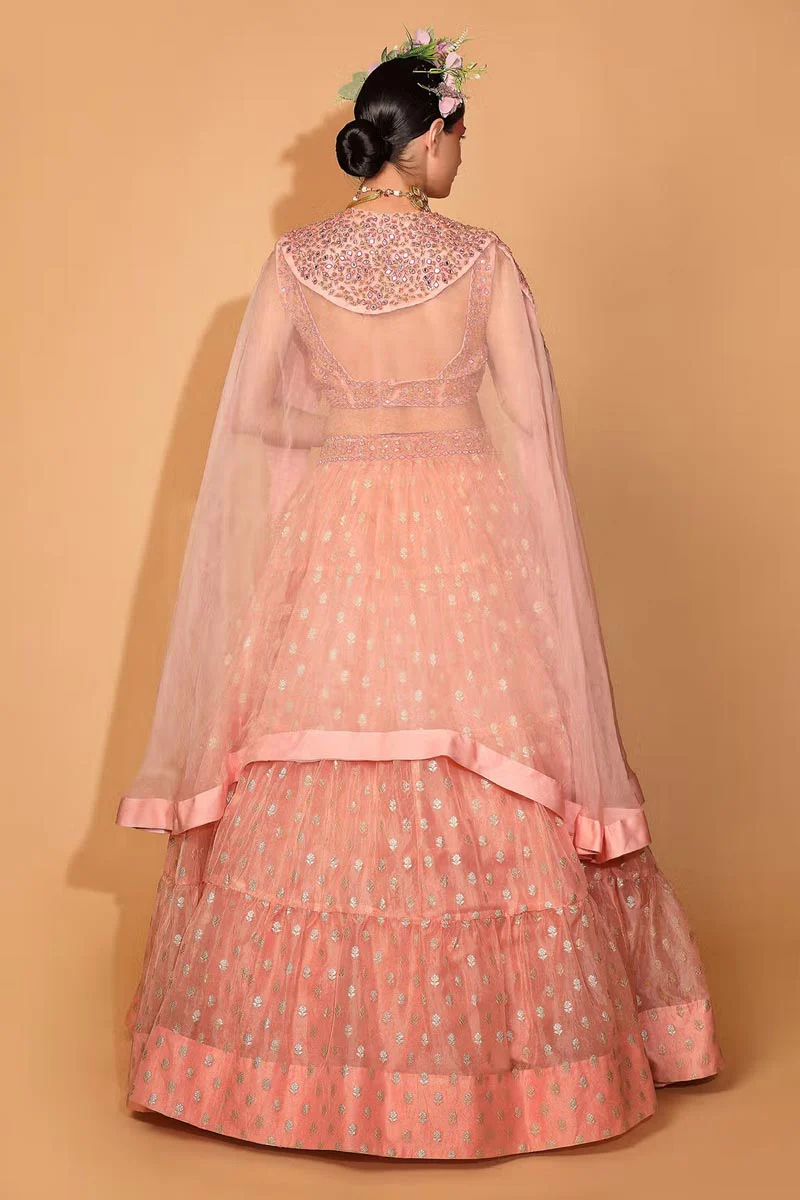 Peach Cotton Shantoon Tiered Lehenga Set With Embroidered Cape - Image 2