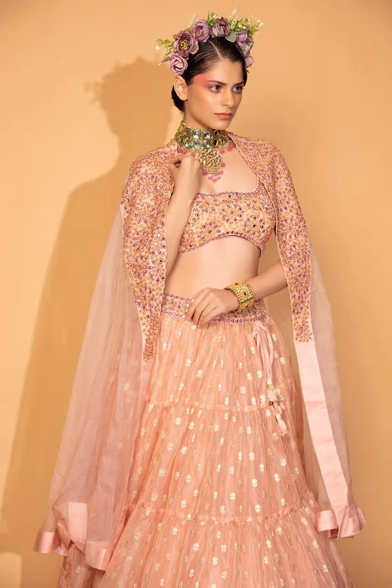 Peach Cotton Shantoon Tiered Lehenga Set With Embroidered Cape - Image 3