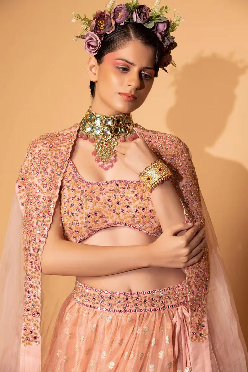 Peach Cotton Shantoon Tiered Lehenga Set With Embroidered Cape - Image 4