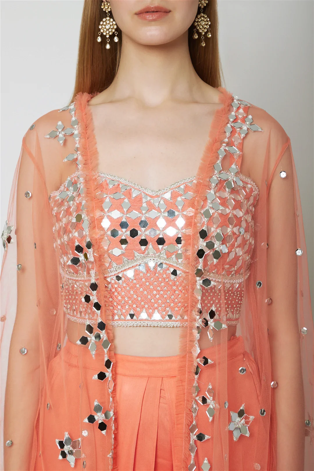 Peach Embroidered Blouse With Dhoti & Cape - Image 3