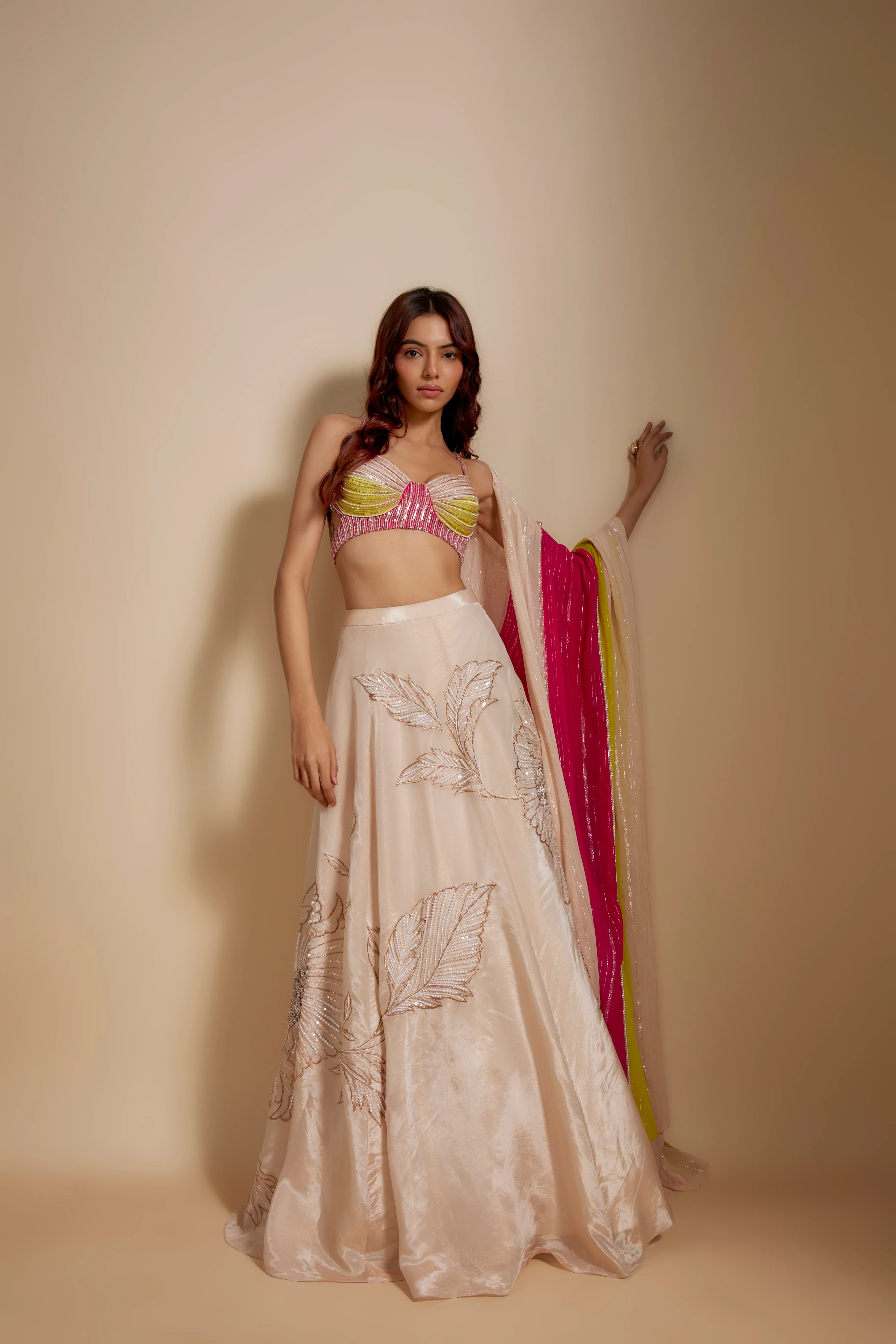 Peach Embroidered Lehenga With Multi-Coloured Blouse And Dupatta - Image 3