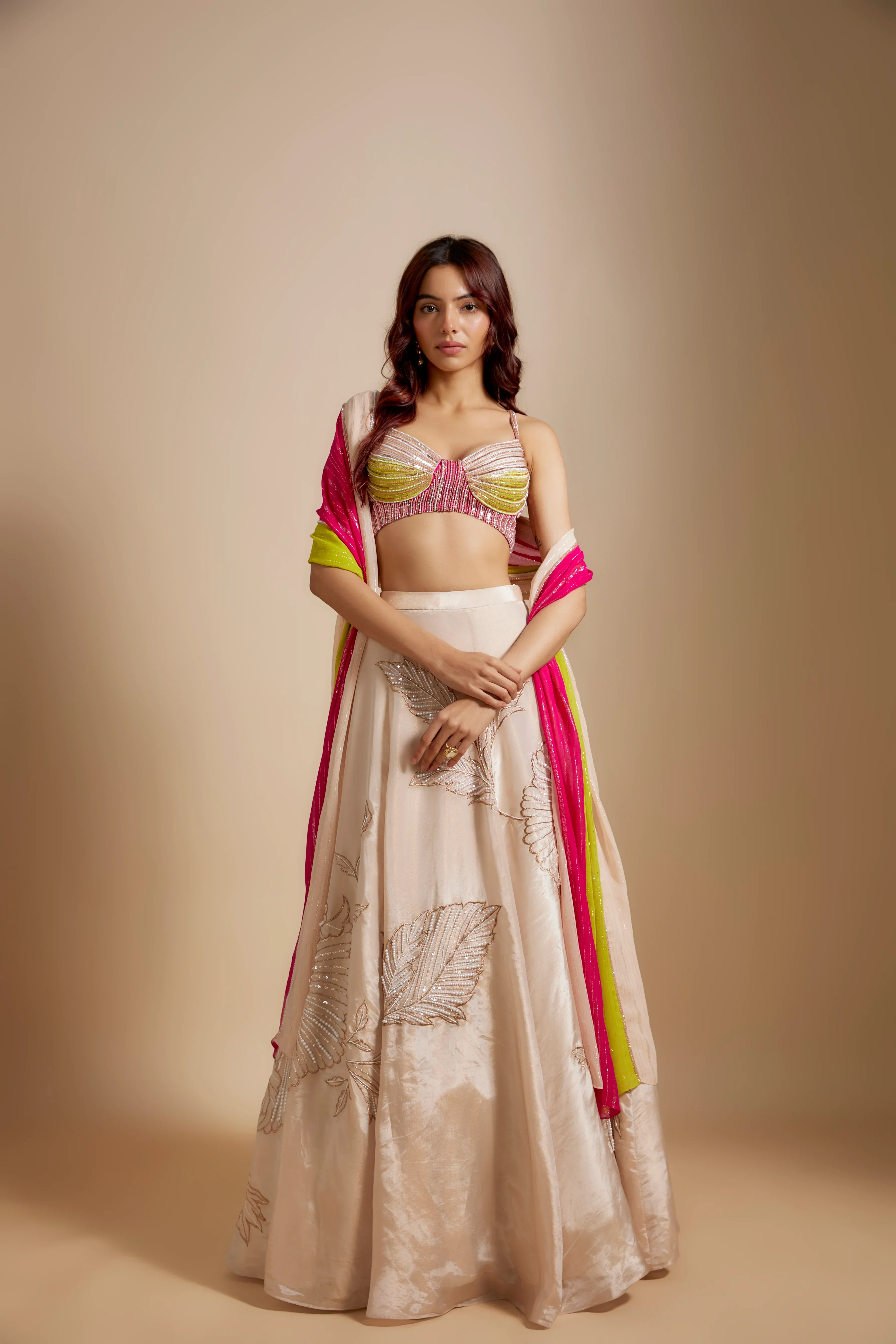 Peach Embroidered Lehenga With Multi-Coloured Blouse, Dupatta - Image 4