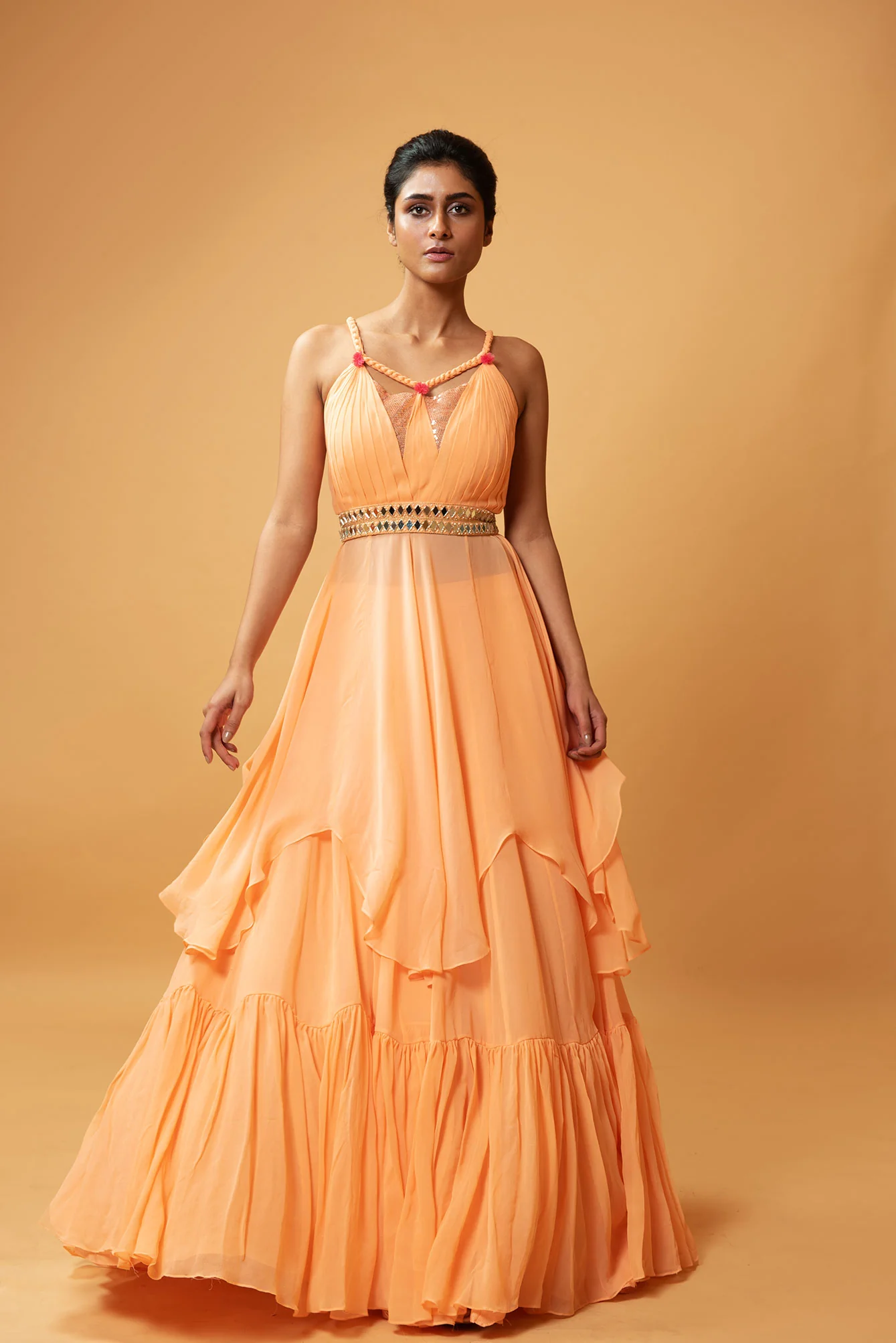 Peach Georgette & Sequins Flared Lehenga Set