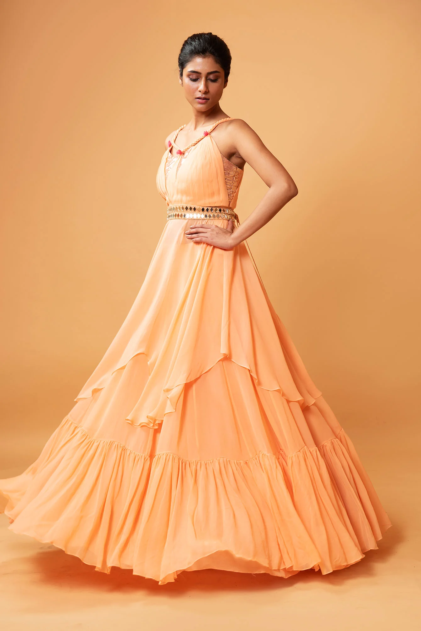 Peach Georgette & Sequins Flared Lehenga Set - Image 4