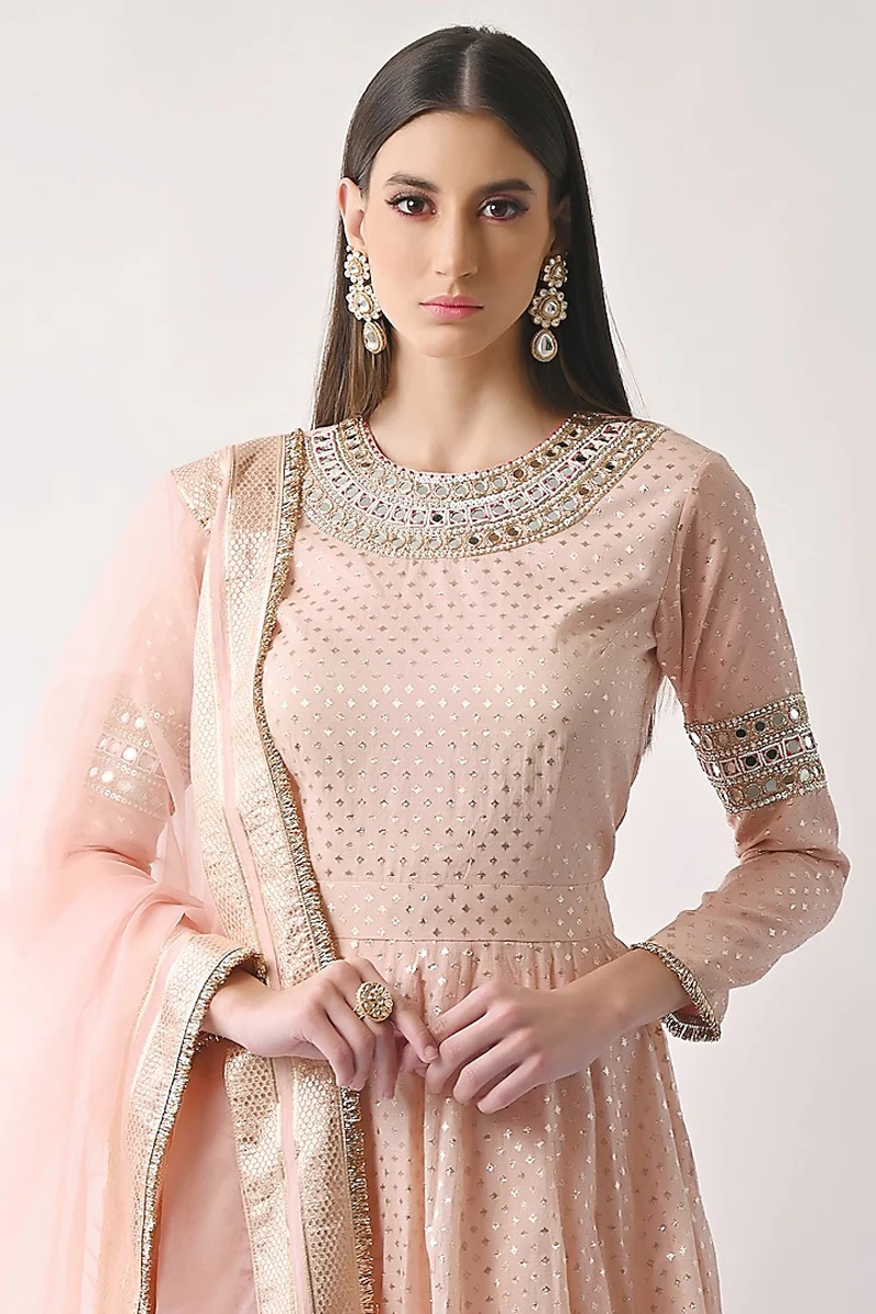Peach Hand Embroidered Kalidar Anarkali Set - Image 3