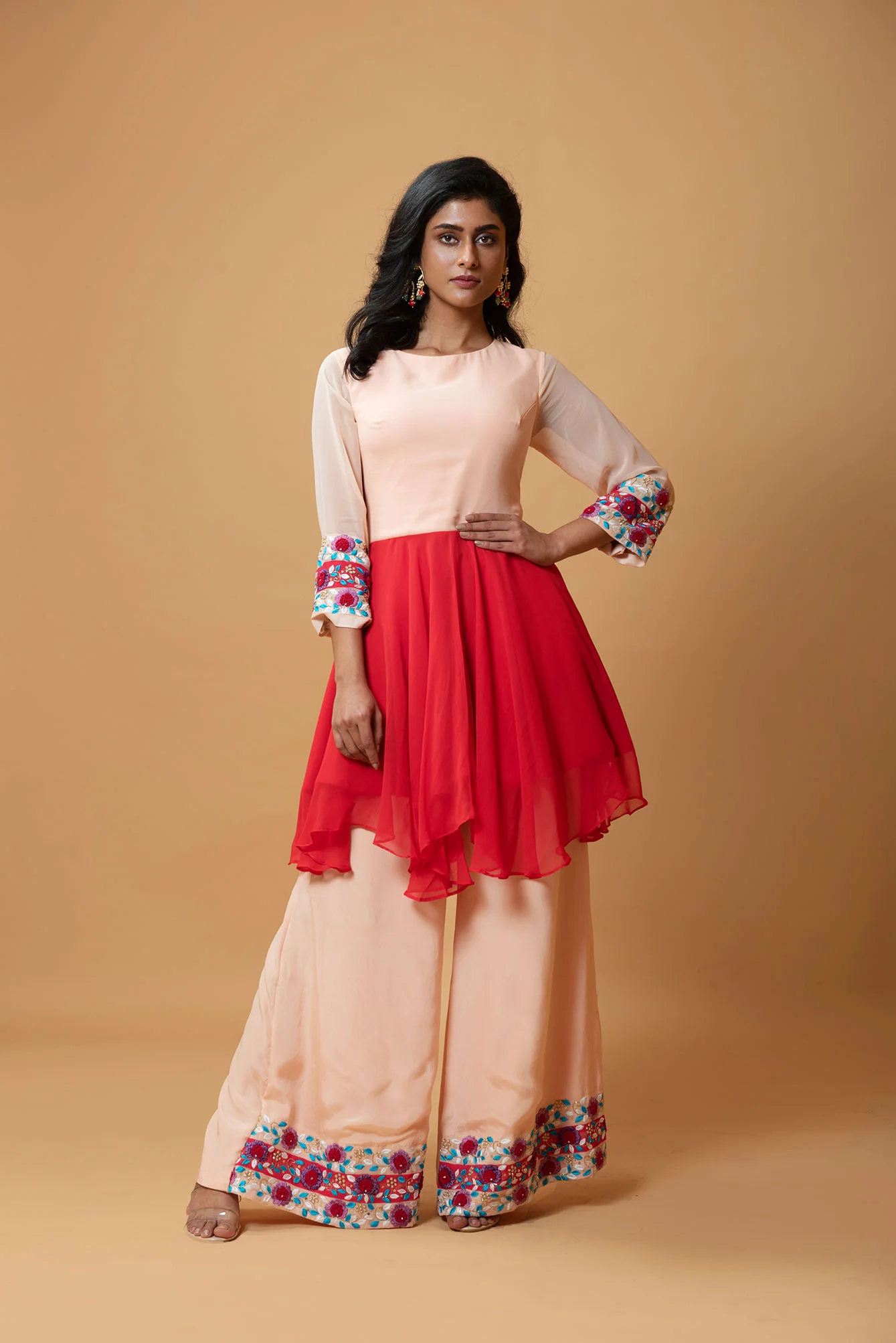 Peach Machine & Hand Embroidered Sharara Set
