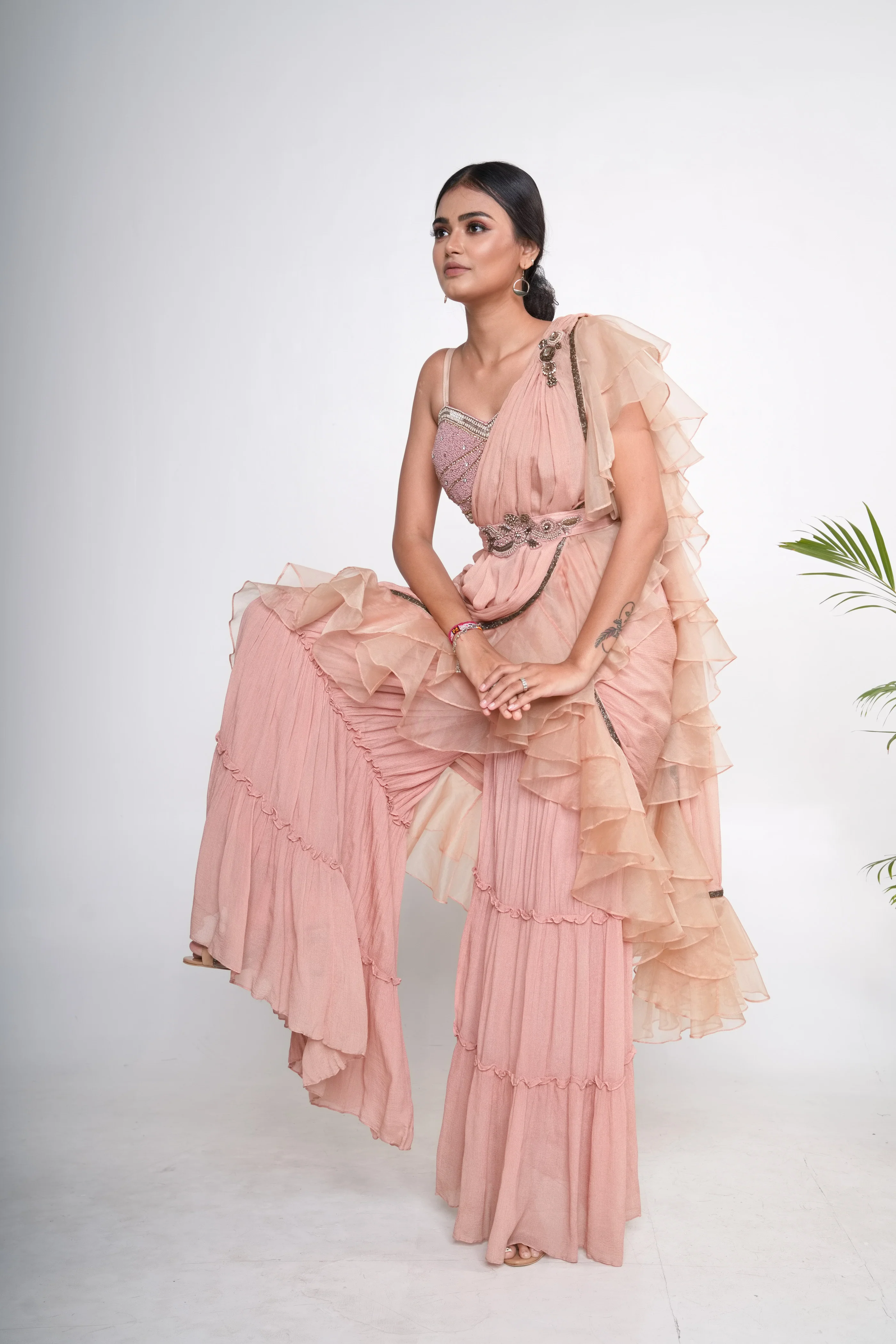 Peach Organza Embroidered Sharara Pant Saree Set - Image 3