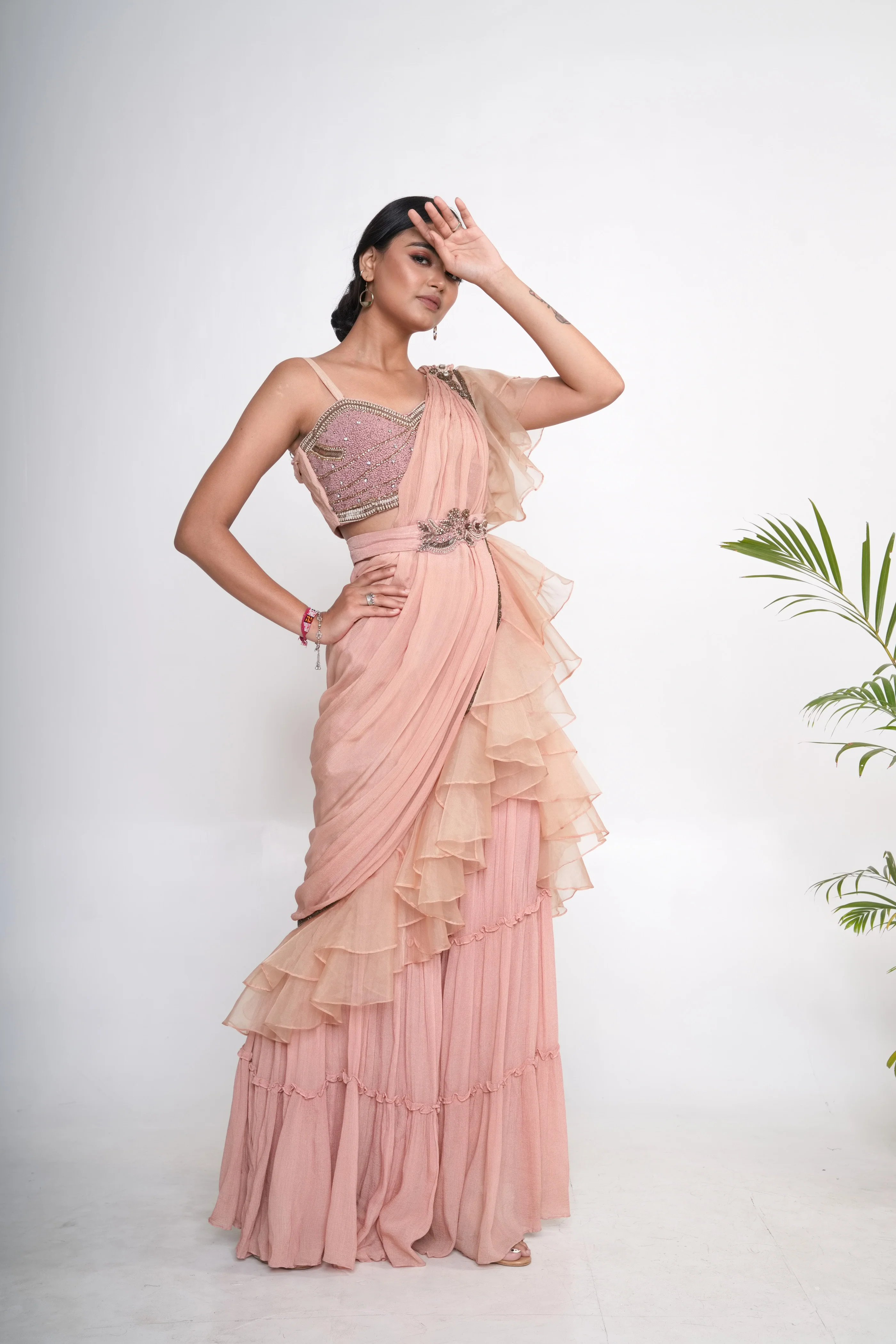 Peach Organza Embroidered Sharara Pant Saree Set - Image 4