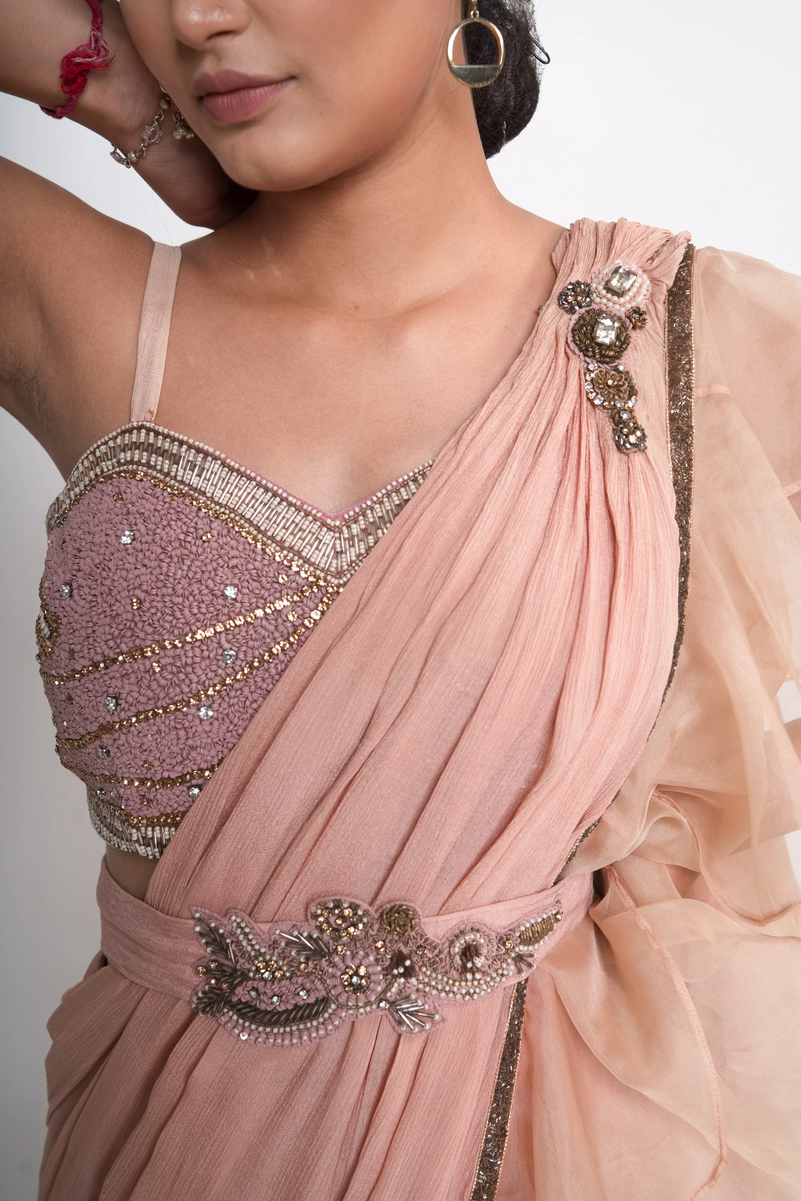 Peach Organza Embroidered Sharara Pant Saree Set - Image 5