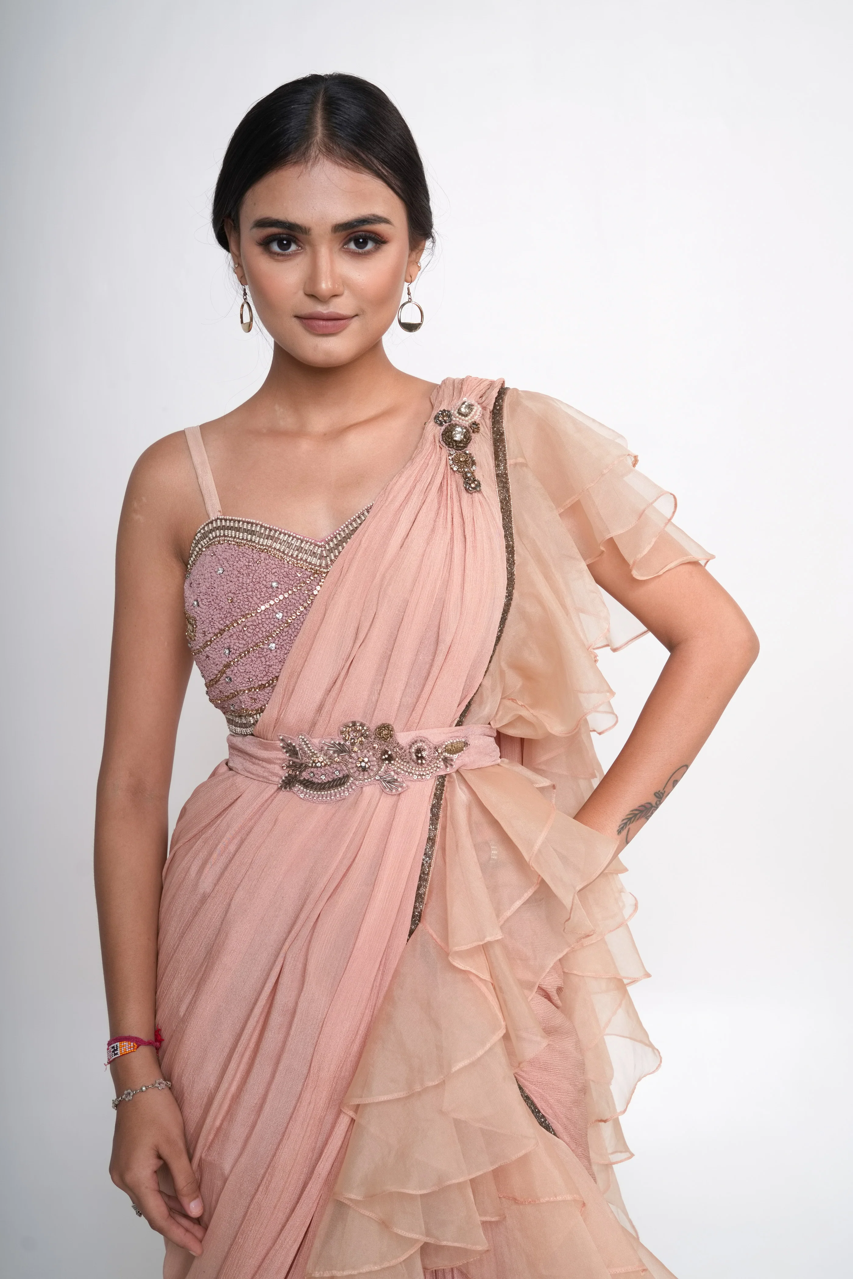 Peach Organza Embroidered Sharara Pant Saree Set - Image 6