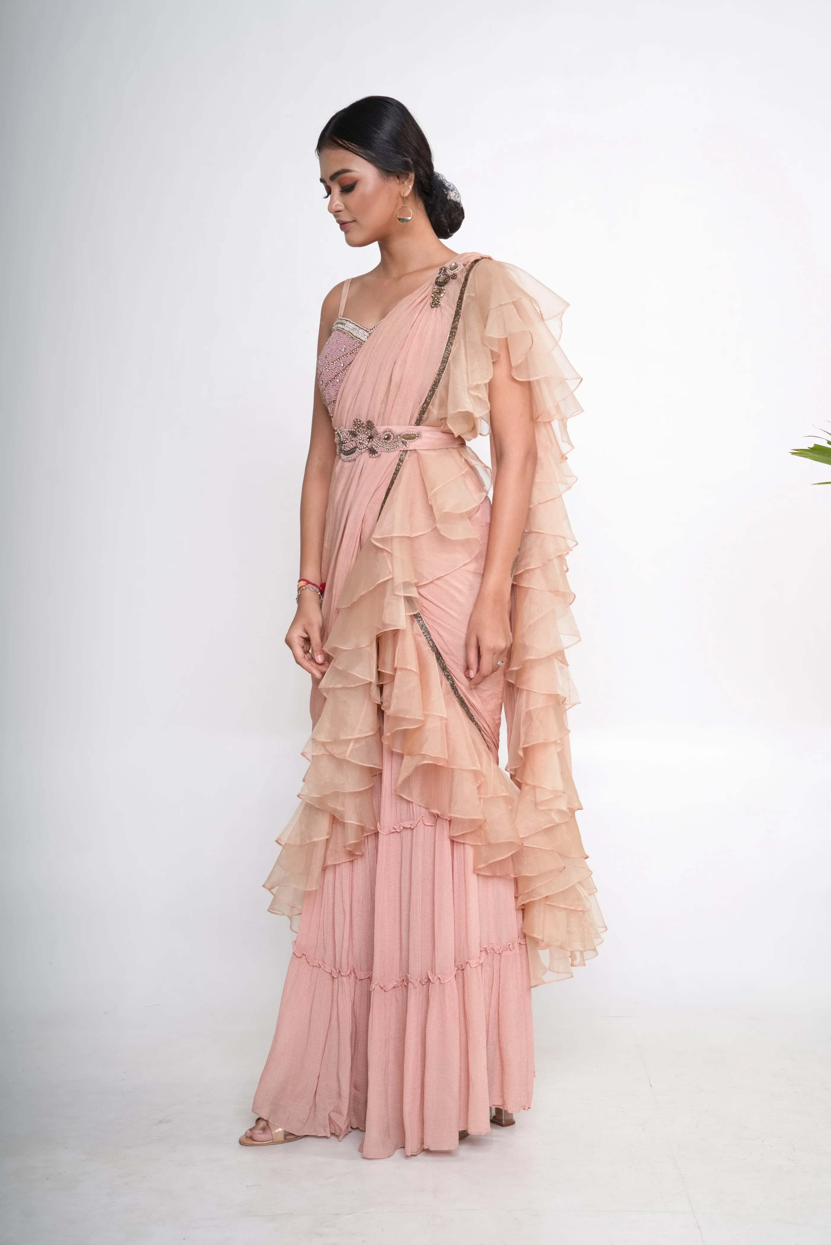 Peach Organza Embroidered Sharara Pant Saree Set - Image 7